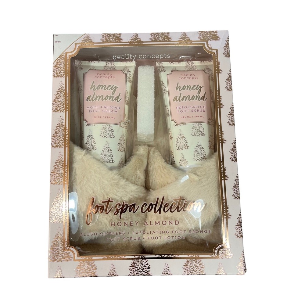 Beauty Concepts Honey Almond Foot Spa Collection Slippers Scrub Lotion Set NEW